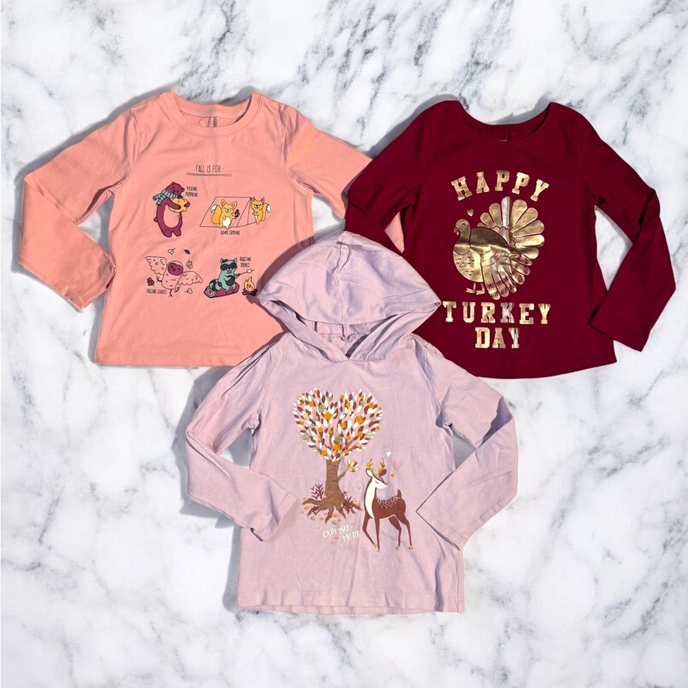 Carters Girls Fall Shirts Long Sleeve 4T Thanksgiving Glitter Pink - 3 T-shirts